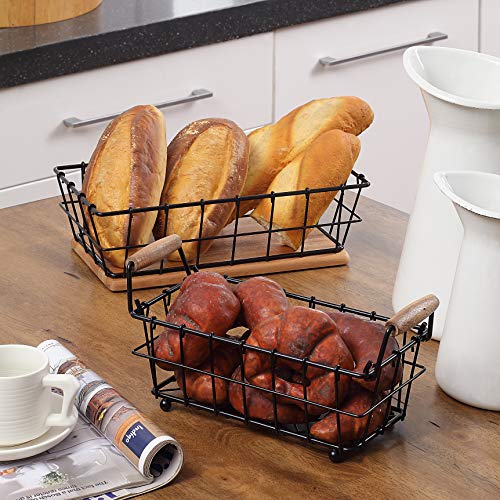 SunnyPoint 2-Tier Rectangle Countertop Fruit, Bread Wire Basket (Black, Metal + Wood base) | The Storepaperoomates Retail Market - Fast Affordable Shopping