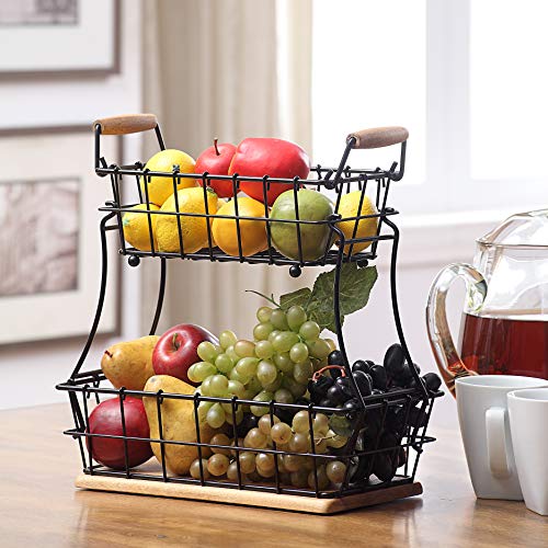 SunnyPoint 2-Tier Rectangle Countertop Fruit, Bread Wire Basket (Black, Metal + Wood base) | The Storepaperoomates Retail Market - Fast Affordable Shopping