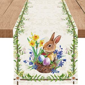 WHOMEAF Easter Cute Rabbit Green Leaves Table Runner Burlap Wild Flowers Bunny Eggs Table Runners Seasonal Kitchen Dining Decor for Spring Easter Indoor Outdoor Home Party 13×72 Inch