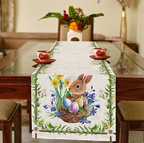 WHOMEAF Easter Cute Rabbit Green Leaves Table Runner Burlap Wild Flowers Bunny Eggs Table Runners Seasonal Kitchen Dining Decor for Spring Easter Indoor Outdoor Home Party 13×72 Inch | The Storepaperoomates Retail Market - Fast Affordable Shopping