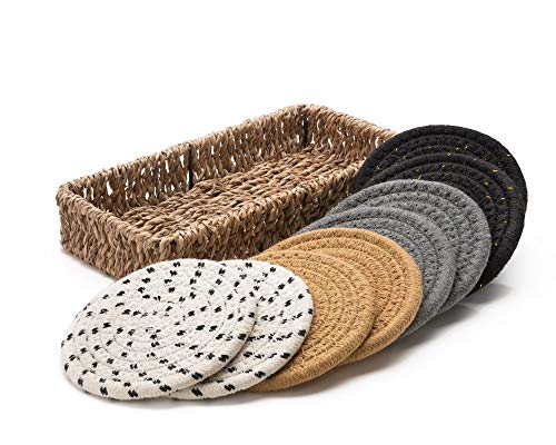 Boho Drink Coasters with Seagrass Basket Holder for Storage | Set of 8 Handmade Braided Cotton 4.3 Inch Extra Absorbent Coasters in Boho Decor Neutral Colors | 100% Natural Eco Friendly Coaster Set | The Storepaperoomates Retail Market - Fast Affordable Shopping