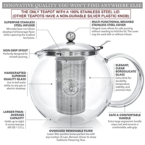 Teabloom All-in-One Glass Teapot and Tea Kettle – Heatproof Borosilicate Glass Tea Maker with Removable Stainless Steel Loose Tea Infuser – Classica Stovetop Tea Pot (40 oz) | The Storepaperoomates Retail Market - Fast Affordable Shopping
