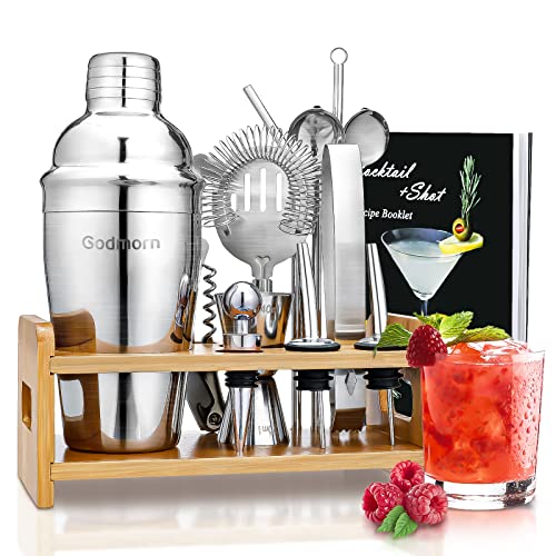 Cocktail Shaker Set Bartender Kit, Godmorn 15Pcs Bartender Shaker Set, 304 Stainless Steel Martini Shaker and Strainer, 550ml /19OZ Bar Tool Set With Bamboo Stand, Recipe Book, For Home And Bar | The Storepaperoomates Retail Market - Fast Affordable Shopping