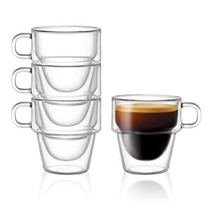 JoyJolt Stoiva Double Wall Insulated Espresso Glass Cups – 5 oz. (150 ml) Espresso Shot Glass Cup with Handle – Stackable Thermal Clear Glass Cups, Fit for Espresso Machine and Coffee Maker – Set of 4