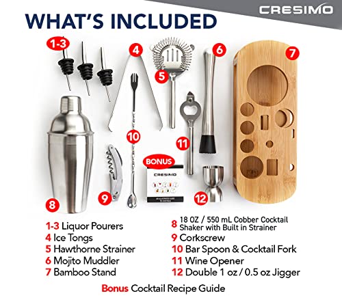 Mixology Bartender Kit: 12-Piece Bar Tool Set with Modern Bamboo Stand – Ultimate Home Bartending Kit & Martini Cocktail Shaker Set – Best Bar Set For Perfect Drink Mixing – Cresimo Bar Cocktail Set | The Storepaperoomates Retail Market - Fast Affordable Shopping