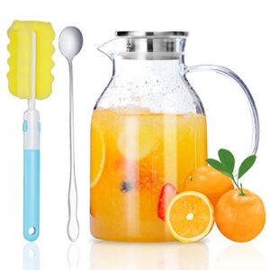 Vekonn Glass Pitcher with Lid, Glass Water Pitcher with Lid and Spout, 68 Ounces Heat Resistant Borosilicate Glass Carafe with Brush and Mixing Spoon, Temperature Safe