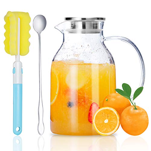 Vekonn Glass Pitcher with Lid, Glass Water Pitcher with Lid and Spout, 68 Ounces Heat Resistant Borosilicate Glass Carafe with Brush and Mixing Spoon, Temperature Safe | The Storepaperoomates Retail Market - Fast Affordable Shopping