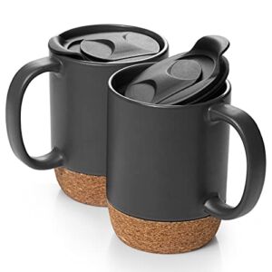 DOWAN Coffee Mugs, 15 oz Mug Set of 2, Large Ceramic Coffee Mug with Cork Bottom and Splash Proof Lid for Men, Women, Gift for Thanksgiving Christmas, Big Mug for Coffee Latte, Tea, Matte Grey
