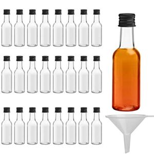 Belle Vous Mini Liquor Bottles (24 Pack) – Reusable Plastic 50ml (1.7 fl oz) Empty Spirit Bottle with Black Screw Cap, Liquid Funnel for Easy Pouring, Filling – Miniature Bottles for Weddings, Parties