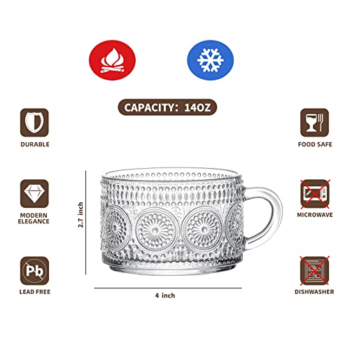 Gezzeny Vintage Coffee Mugs, Glass Coffee Mugs 14 Oz Set of 2 Clear Embossed Glass Cups, Tea Cups, Glass Coffee Cups for Cappuccino, Latte, Cereal, Yogurt, Beverage Christmas Thanksgiving Gifts | The Storepaperoomates Retail Market - Fast Affordable Shopping