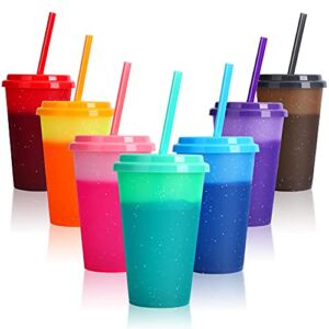 Color Changing Cups with Lids & Straws – 7 Pack 12 oz Reusable Cute Plastic Tumbler Bulk – Kids Small Funny Travel Straw Tumblers/ Adults Iced Cold Drinking Party Cup