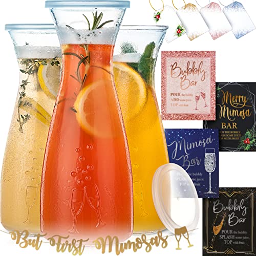 PRESTIGE Mimosa Bar Kit – 3 Glass Carafe with Lids 27oz & Brunch Decor, Mimosa Pitcher w/ Plastic Carafe Lid, Bubbly Juice Carafes for Mimosa Bar Supplies, Baby Bridal Shower Decorations (Mimosa Set) | The Storepaperoomates Retail Market - Fast Affordable Shopping