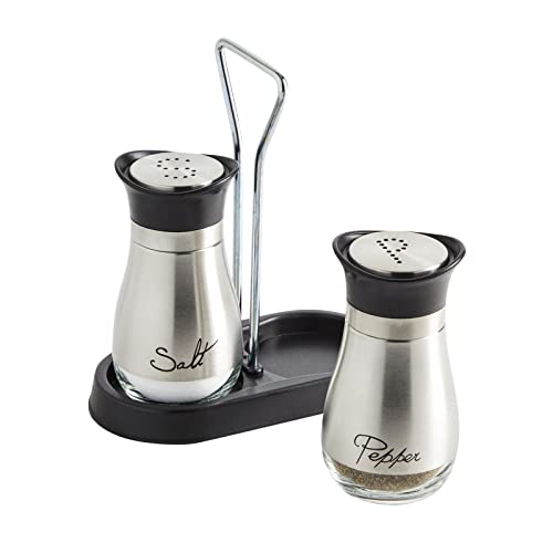 Salt and Pepper Shakers Set with Holder, Unique Stainless Steel and Glass Dispensers for Kitchen Accessories (4oz) | The Storepaperoomates Retail Market - Fast Affordable Shopping