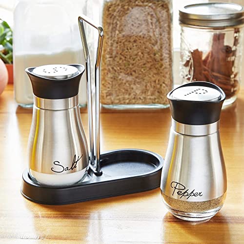 Salt and Pepper Shakers Set with Holder, Unique Stainless Steel and Glass Dispensers for Kitchen Accessories (4oz) | The Storepaperoomates Retail Market - Fast Affordable Shopping