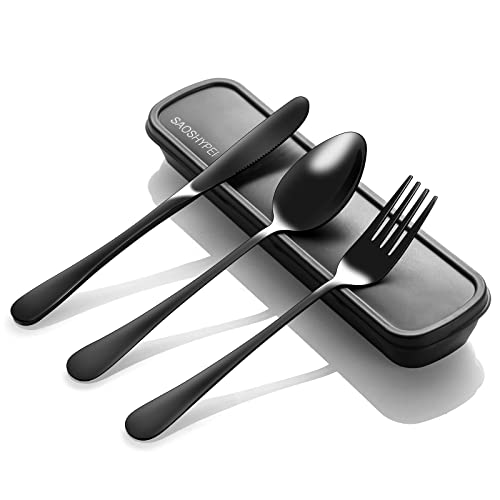 SAOSHYPEI Portable Utensils Set with Case, 4pcs Stainless Steel Reusable Silverware for Lunch Camping School Picnic Workplace Travel, Box Includ Fork Spoon Knife,Easy to clean,Dishwasher Safe(Black) | The Storepaperoomates Retail Market - Fast Affordable Shopping