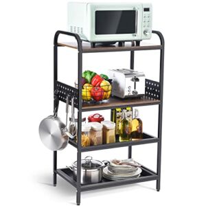 TOOLF 4-Tier Standing Bakers Rack with Wooden Table, Microwave Stand with Storage, Oven Shelf Appliance Organizer with Side Hanging Pegboard, Book Shelf Bar Shelf for Kitchen Island, Livingroom
