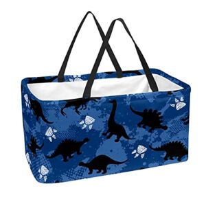 Reusable Grocery Bags Boxes Storage Basket, Dinosaur Blue Footprint Collapsible Utility Tote Bags with Long Handle