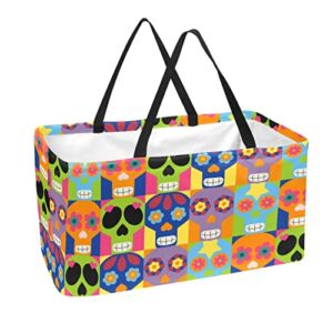 Reusable Grocery Bags Boxes Storage Basket, Day Of The Dead Skull Mexican Collapsible Utility Tote Bags with Long Handle
