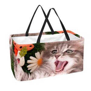 Reusable Grocery Bags Boxes Storage Basket, Cat Animal Collapsible Utility Tote Bags with Long Handle
