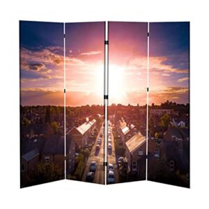 Freestanding Protective Room Divider Sun Rising Above a Traditional British housing Estate with Countryside Canvas Privacy Screen Foldable Panel Room Separator Partition Wall Divider for Room 4 Panel
