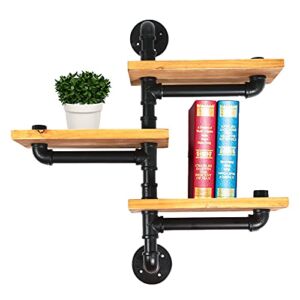 Industrial Floating Pipe Wall Shelves Pipe Shelves with Wood Planks Space Saving Wall Mounted Display Shelf 110 lbs Load Bearing Capacity for Living Room Dining Room (Three Layers)
