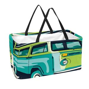 Reusable Grocery Bags Boxes Storage Basket, The Endless Summer Beach Bus Collapsible Utility Tote Bags with Long Handle