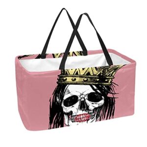 Reusable Grocery Bags Boxes Storage Basket, Skull Collapsible Utility Tote Bags with Long Handle