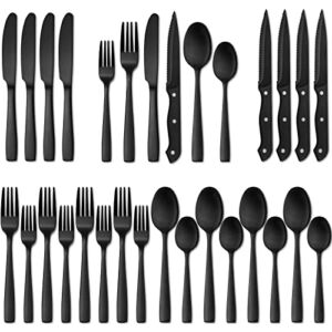 Hiware 24 Pieces Matte Black Silverware Set with Steak Knives for 4, Stainless Steel Flatware Utensils Set, Hand Wash Recommended