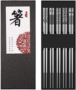 Metal Chopsticks Reusable 18/8 Stainless Steel Chopsticks Multipack Dishwasher Safe Chop Sticks Cute Laser Engraved Non-slip Japanese Korean Chopstick for Cooking Eating 9 1/4 Inches 5 Pairs Gift Set