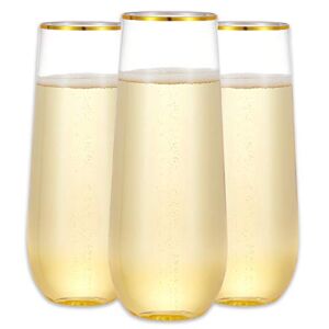 N9R 12 Pack Plastic Champagne Flutes, 9 oz Stemless Disposable Gold Rim Toasting Glasses, Crystal Clear Cocktail Cups Drinkware Shatterproof Ideal for Party Wedding Birthday