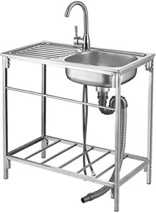 Commercial Kitchen Sink Wash Basin With Faucet, Stainless Steel Prep & Utility Sink With Work Table for Outdoor Indoor Garage Kitchen Laundry(75x40x75cm) right