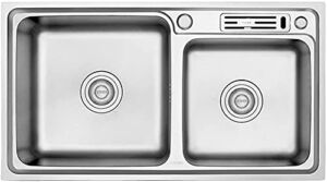 Stainless Steel Sink Thickened Kitchen Multi-function Double-bath Wash Basin With Embedded Knife Holder Design Groove Depth 220mm Rust-proof Durable Package 1-6839cm