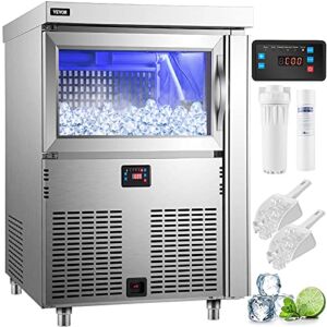 VEVOR 110V Commercial Ice Maker Machine, 200LBS/24H Stainless Steel Under Counter Ice Machine with 100LBS Storage, 80PCS Clear Cube, Auto Operation, Include Water Filter, 2 Scoops, Connection Hose