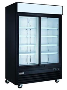 Commercial Grade Merchandiser Refrigerator | Black Coated Steel Cabinet | 2 Sliding Glass Doors | Fog Resistant Glass | 45 Cu. Ft. | 8 Adjustable Shelves | 53.2″ x 31.9″ x 82.625” | R-290 Refrigerant