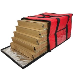 FSE Insulated Pizza Food Delivery Bag, 18 Inch x 18 Inch x 13 Inch, Zipper Closure, Fits Five 16″ Pizza Boxes, or Four 18″ Pizza Boxes, for Hot or Cold Items, Red
