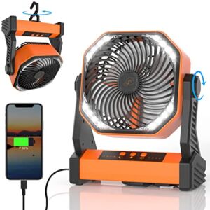 Camping Fan with LED Lantern, 20000mAh 10-Inch Height Rechargeable Battery Operated Outdoor Tent Fan with Hook, 270°Rotation, 4 Speeds, 5V/2A Charging USB Port, Personal USB Desk Fan for Camping Travel Picnic Barbecue Fishing Power Outage Hurricane Jobsit