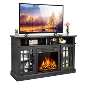 COSTWAY 48-Inch Wooden TV Stand with Fireplace, Electric Fireplace TV Cabinet with Open Storage, Adjustable Shelves, Sliding Barn Door, Farmhouse Media Entertainment Center Console Table (Black)