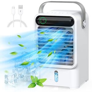 Portable Air Conditioner, RIKDOKEN 4 In 1 Personal Mini Evaporative Air Cooler Desk Fan with 3 Speeds, Night Light, Timer, USB Powered Humidifier Small Swamp Cooler for Home, Office, Room, Outdoor