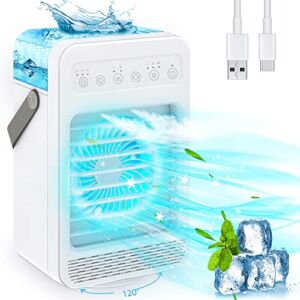Portable Air Conditioner, Personal Air Cooler Mini with 2 Mists 4 Speeds, 120°Auto Oscillation, 600ML Tank, 2/4/6H Timer, 7 Colors Light, Evaporative Air Cooler Fan for Room Office Bedroom Camping