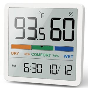 NOKLEAD Indoor Thermometer Hygrometer: Room Temperature Gauge Humidity Monitor for Home, Magnetic, Kickstand, 3.3in Screen, Air Comfort Indicator, Time, Date (Spare Battery Included) – White