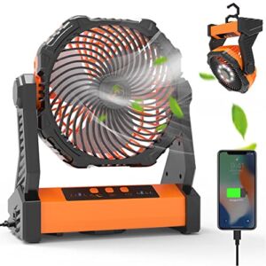 Camping Fan with LED Lantern, 10000mAh Rechargeable Battery Operated Portable Fan with 5V/2A USB Port,270°Rotation,3 Speed & 3 Brightness,USB Desk Fan with Timer & Hook,Personal Fan for Camping,Travel