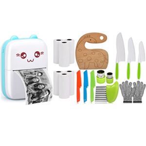 Portable Printer and Wooden Kids Kitchen Knife Kit, Mini Pocket Wireless Bluetooth Printers with 6 Rolls Printing Paper, Plastic Toddler Knife for Real Cooking, Serrated Edges Plastic Toddler Knife
