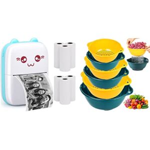 Portable Printer and 6 Pack Colander, Mini Pocket Wireless Bluetooth Thermal Printers with 6 Rolls Printing Paper, Strainer Basket Plastic Double Layered Kitchen Colander with Handles Stackable