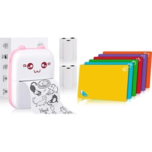 Pocket Mini Printer, Pink Portable Bluetooth Thermal Printer with 6 Rolls Printing Paper for iOS Android, Flexible Plastic Cutting Board Mats, Set of 6 Colorful Chopping Boards