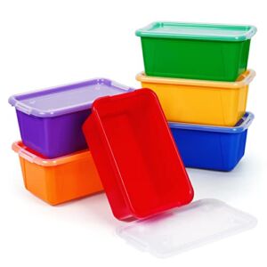 GAMENOTE Small Storage Bins with Lids – 5 Qt, 6 Pack Stackable Plastic Cubby Containers for Classroom Book Bin Toy Organizers (11.7 × 7.1 × 5.1 inches, Assorted Colors)