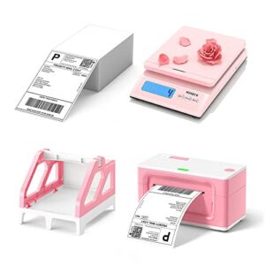 MUNBYN Shipping Label Printer with 4×6 Fan-Fold Thermal Direct Shipping Labels for Shipping Packages, Pink Postal Scale and Pink Label Holder