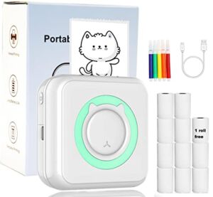 Portable Pocket Printer, Mini Bluetooth Thermal Mobile Printers with 10 Rolls Printing Paper and 5 Colored Pens Compatible with Android iOS, Inkless Printing Gift for Study Office Receipt Photo Notes