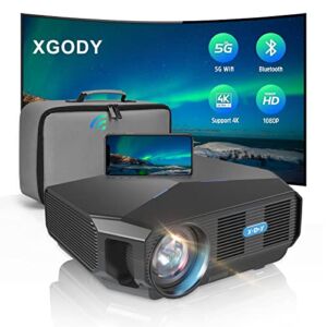 XGODY Portable Projector A4300 Native 1080P HD Projector 9200L 5G WiFi Projector Bluetooth Home Theater Video Projector with Storage Bag Remote Control Support HDMI, VGA, USB, Phone Mirror Link Black