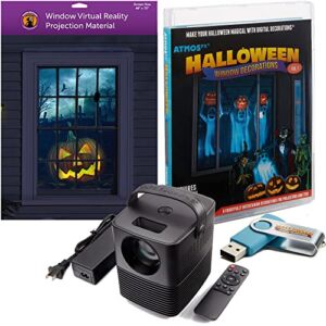 Reaper Brothers Halloween Digital Decoration Kit Includes 8 AtmosFX Video Effects for Halloween Plus HD Super Bright Projector and 48” x 72” Holographic Projection Screen