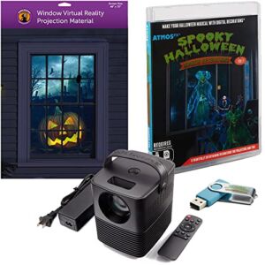 Reaper Brothers Spooky Halloween Digital Decoration Kit Includes 9 AtmosFX Video Effects for Halloween Plus HD Super Bright Projector and 48” x 72” Holographic Projection Screen